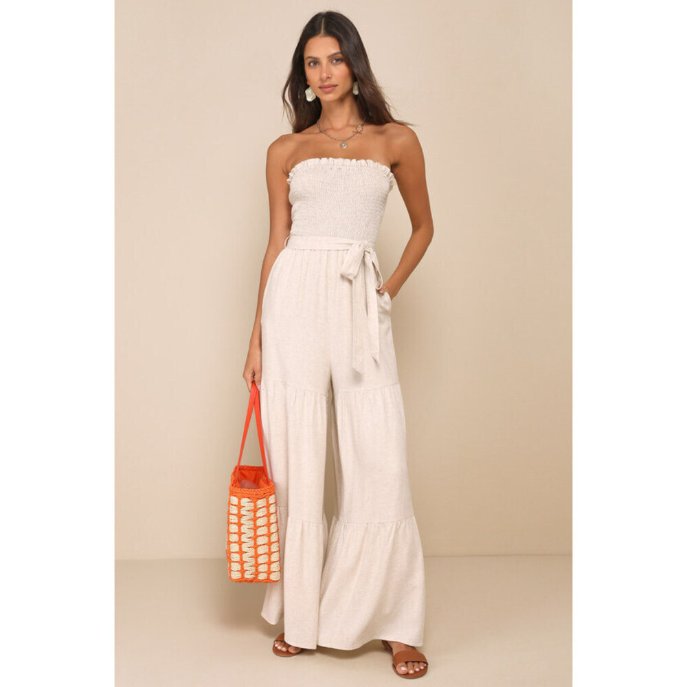 Lulus Effective Charm Beige Linen Strapless Jumpsuit - Size XL